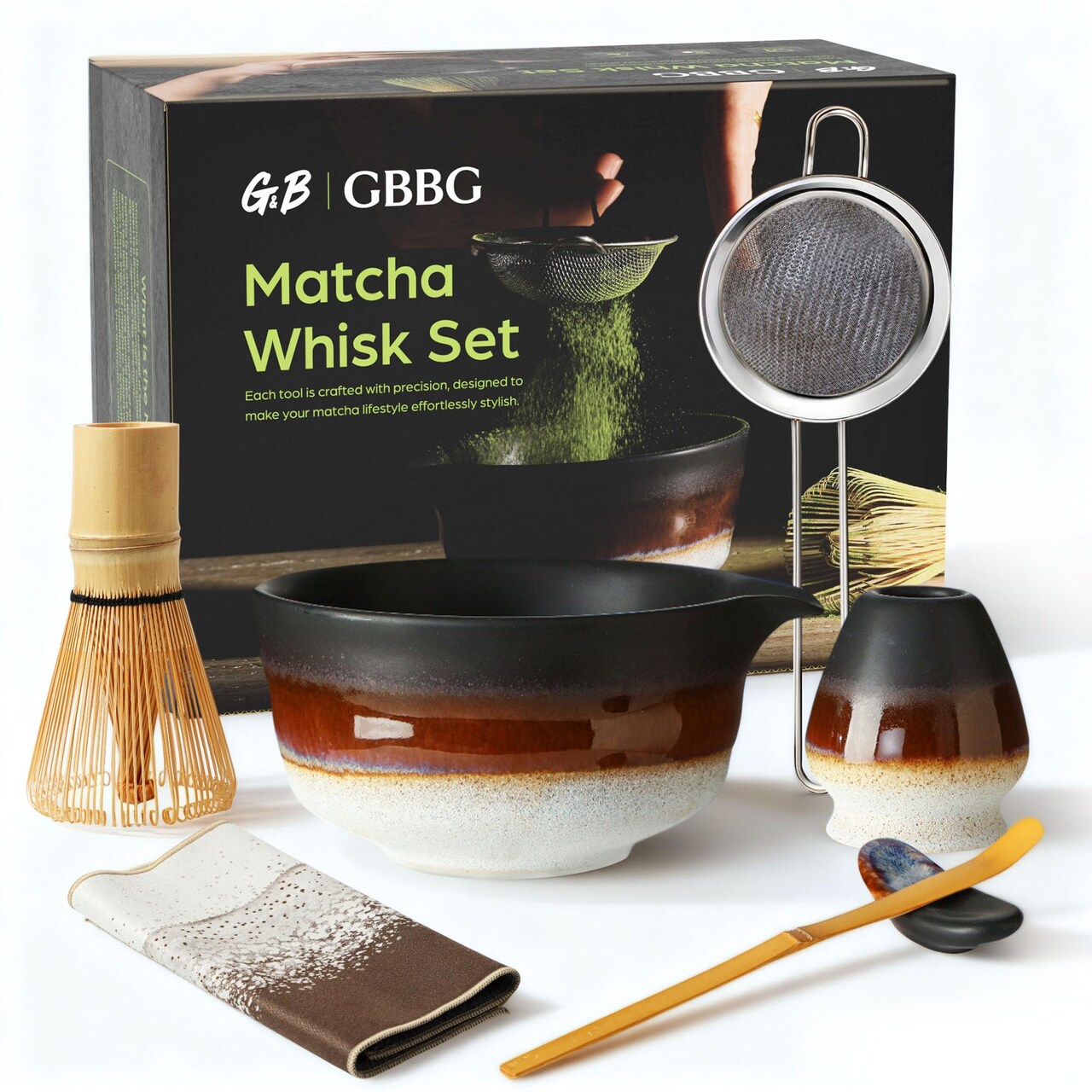 Matcha Whisk Set, Ceramic Matcha Kit Desert Style, Matcha Whisk and Bowl, Bamboo Scoop and Rest, Sifter and Tea Towel, 7 Pcs Gifts for Matcha Lover - Matte Black